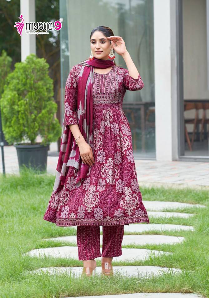 Sara Vol 10 By Mystic 9 Rayon Embroidery Printed Kurti With Bottom Dupatta Wholesale Shop In Surat
